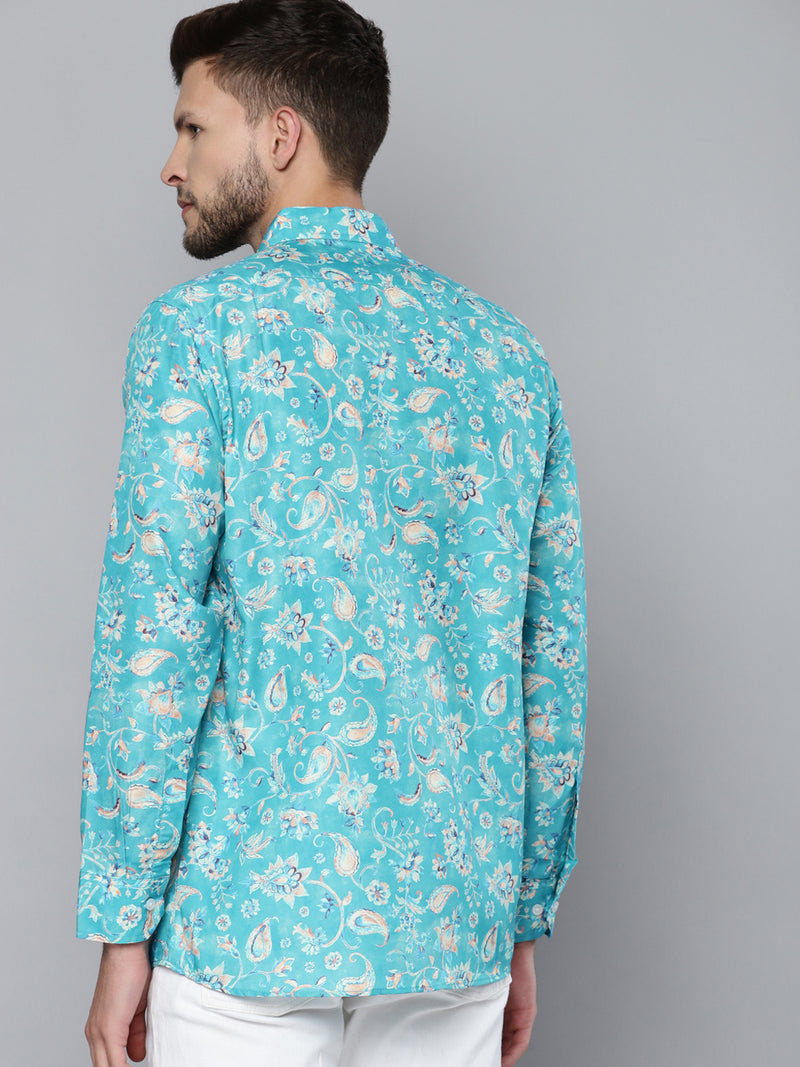 Men Turquoise Blue Smart Slim Fit Floral Printed Formal Shirt
