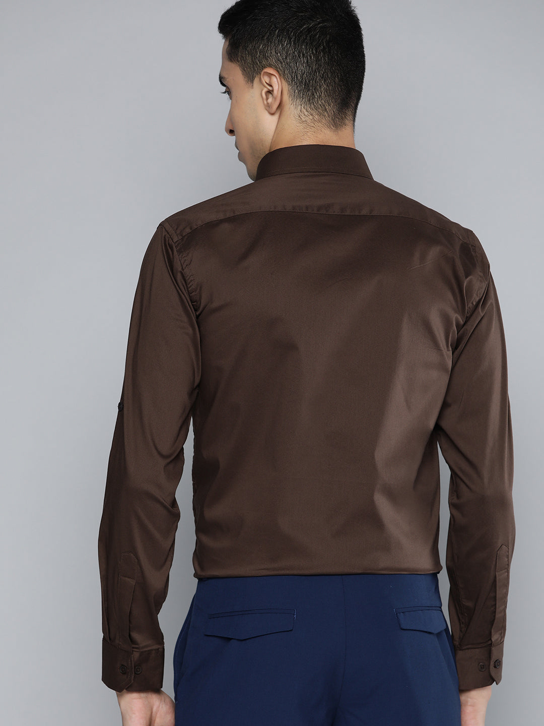 Men Brown Solid Smart Slim Fit Stretchable Lycra Formal Shirt