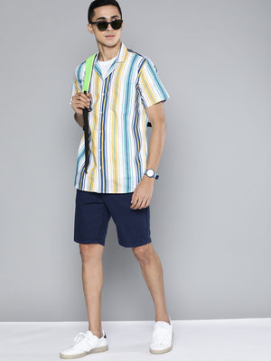 Men Blue Yellow Smart Multi Striped Casual Shirt