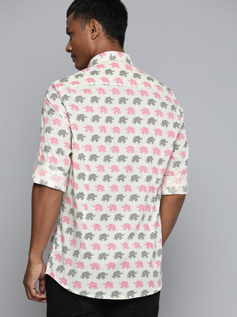 DENNISON Men Cream-Coloured Block Printed Shirt