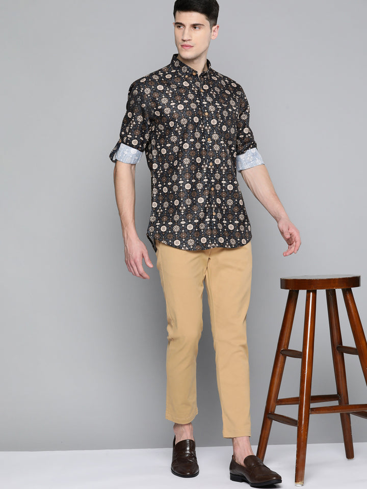 Men Blue  Brown Smart Slim Fit Printed Casual Shirt