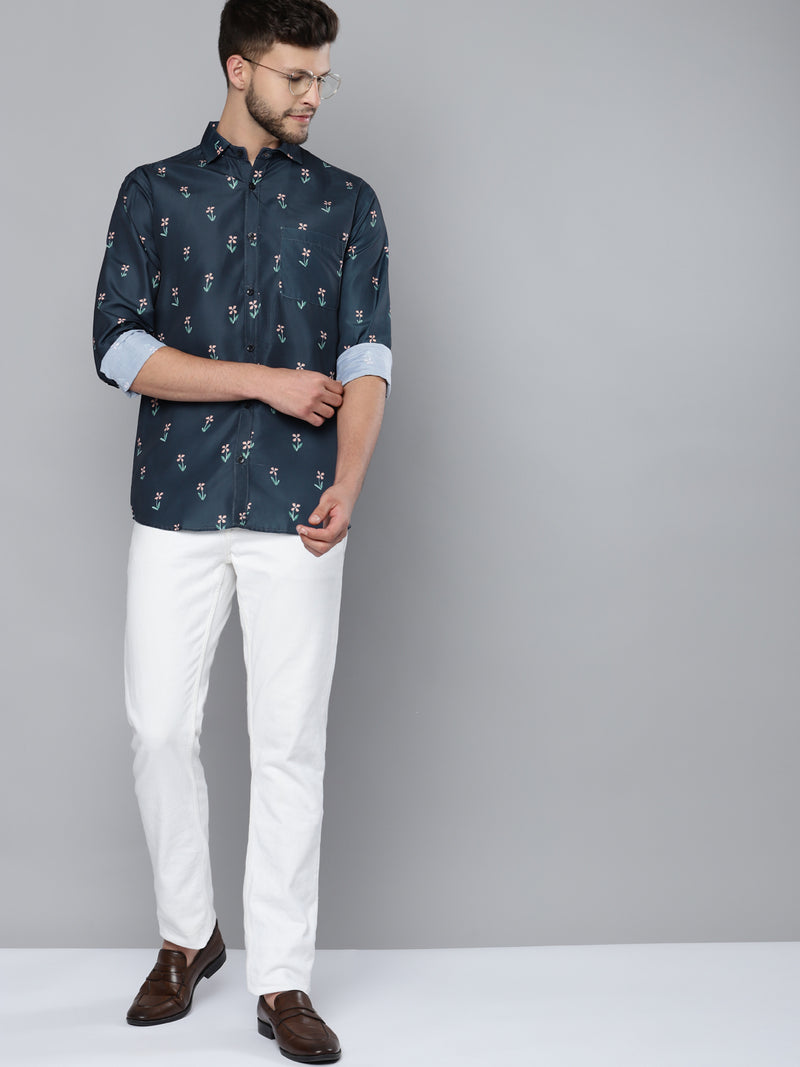 Men Navy Blue Smart Slim Fit Floral Printed Formal Shirt