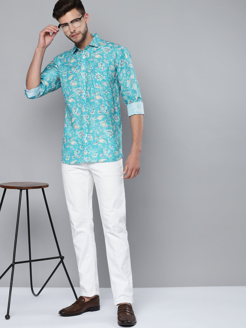 Men Turquoise Blue Smart Slim Fit Floral Printed Formal Shirt