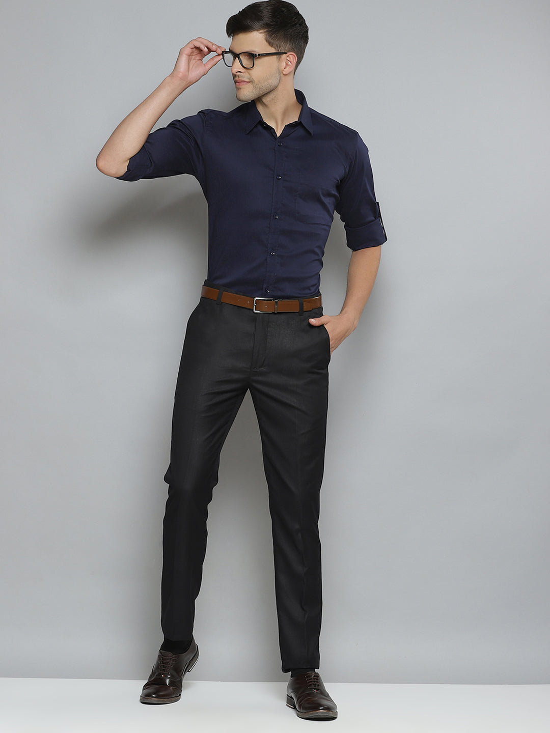 Men Navy Blue Smart Slim Fit Stretchable Lycra Formal Shirt