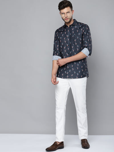 Men Navy Blue Smart Slim Fit Printed Casual Shirt