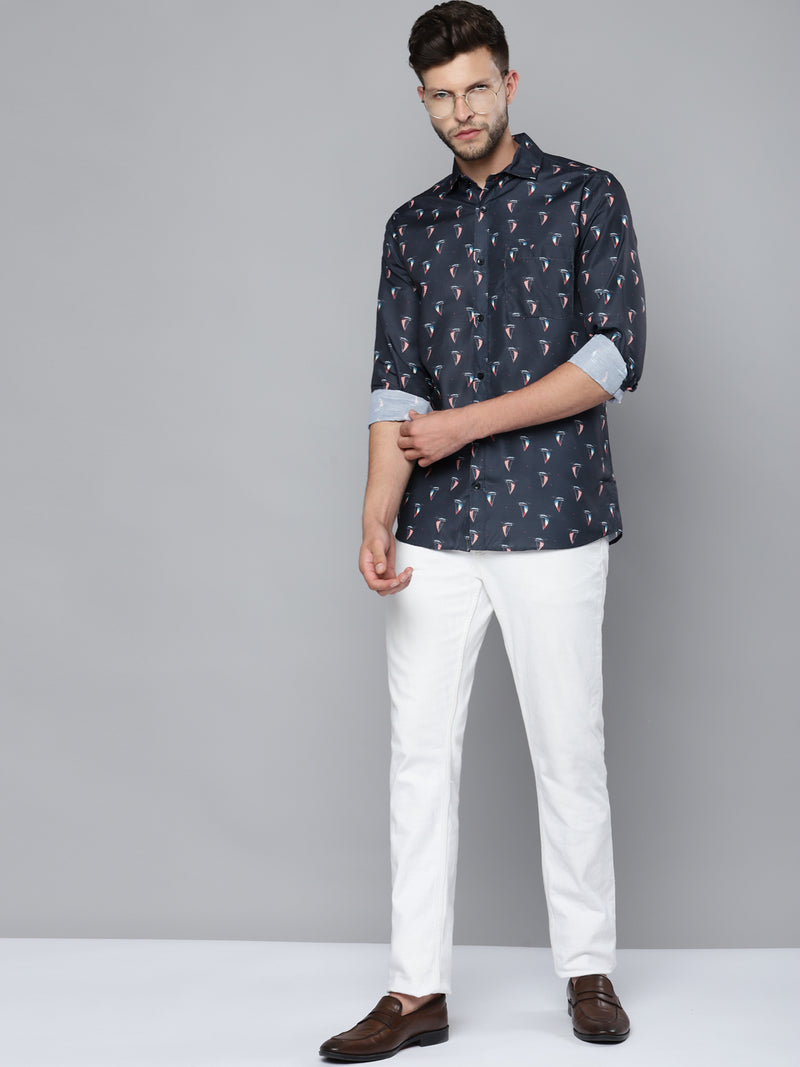Men Navy Blue Smart Slim Fit Printed Casual Shirt