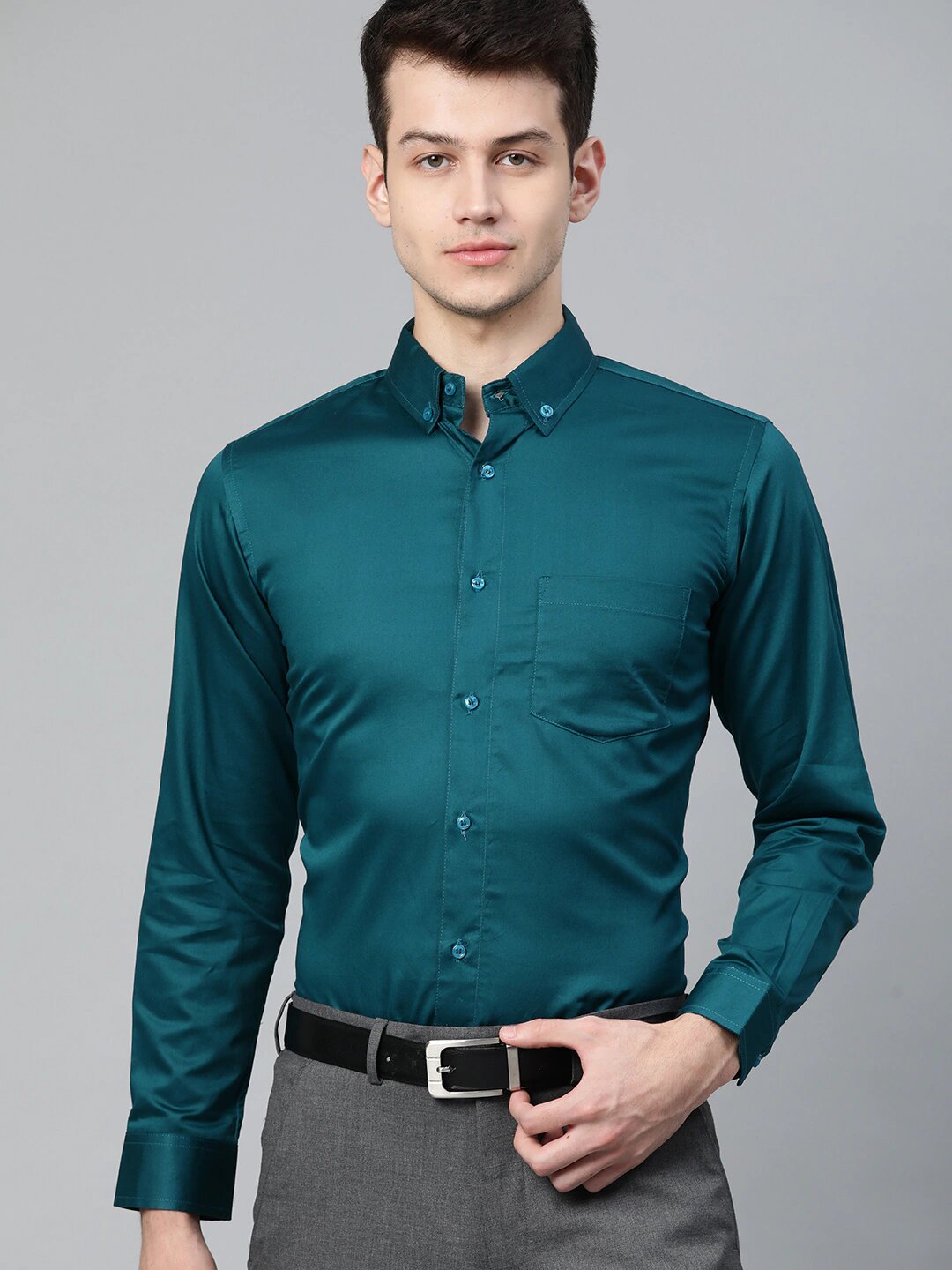 Men Teal Green Smart Slim Fit Solid Formal Shirt