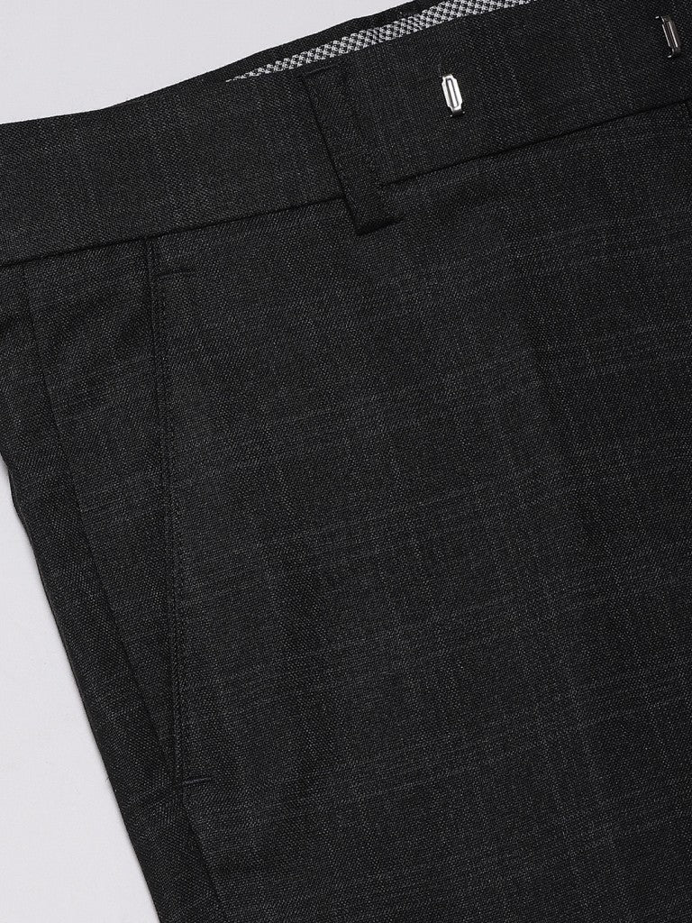 Men Charcoal Black Smart Tapered Fit Checked Formal Trousers