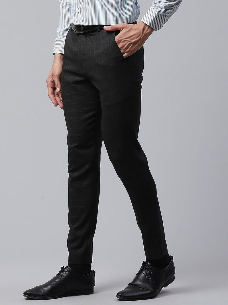 Men Charcoal Black Smart Tapered Fit Checked Formal Trousers