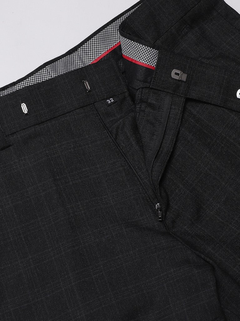 Men Charcoal Black Smart Tapered Fit Checked Formal Trousers