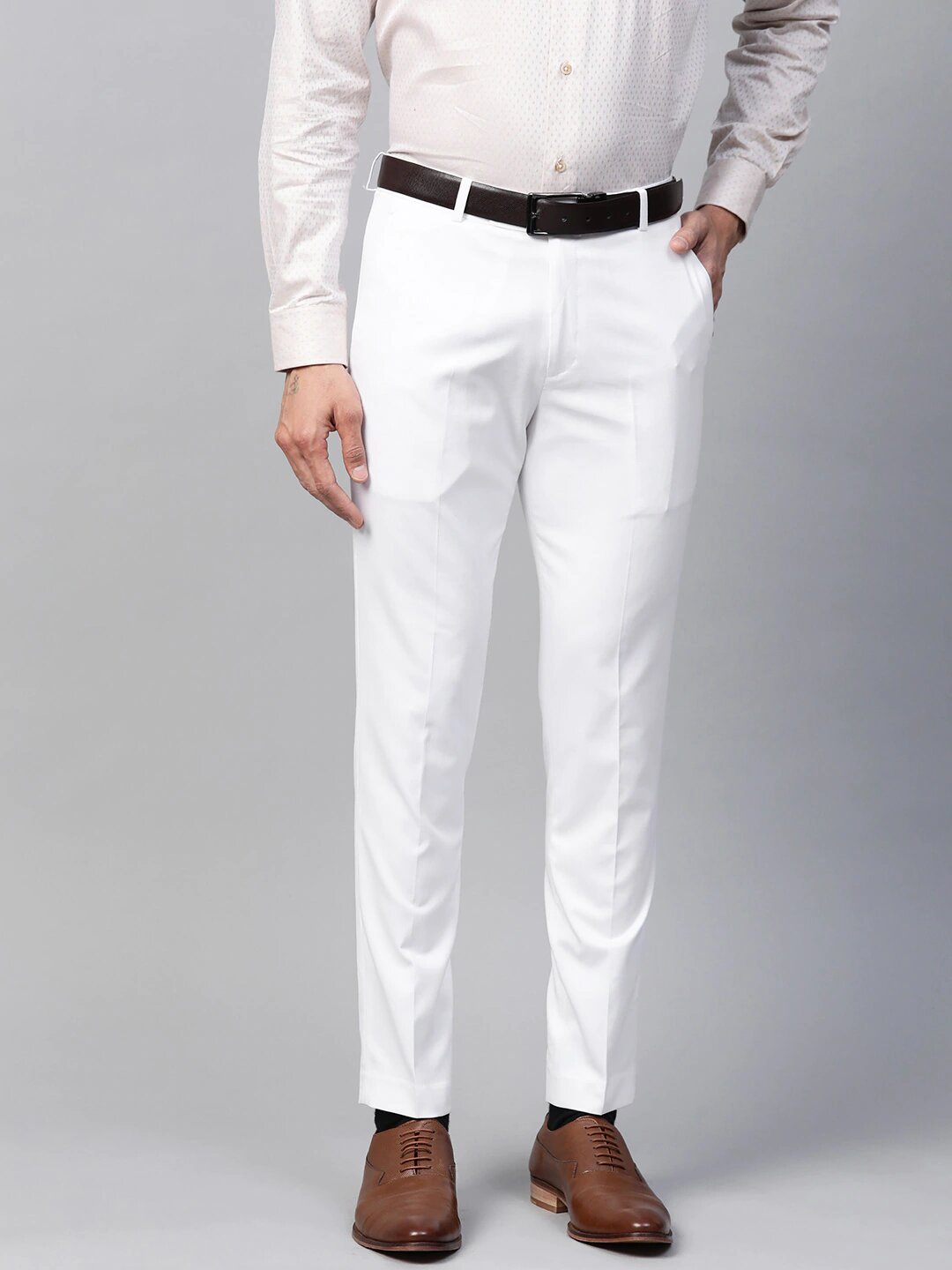 Men White Smart Tapered Fit Solid Formal Trousers
