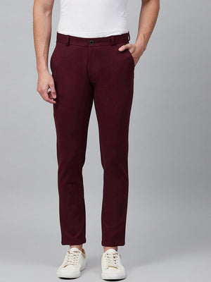 Burgundy: Stretchable Wrinkle Free Cropped Fit Solid Chinos