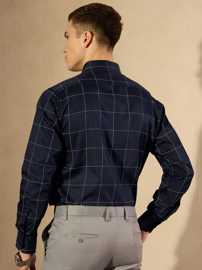Navy Blue and White: Full Sleeves Checked Formal Shirt