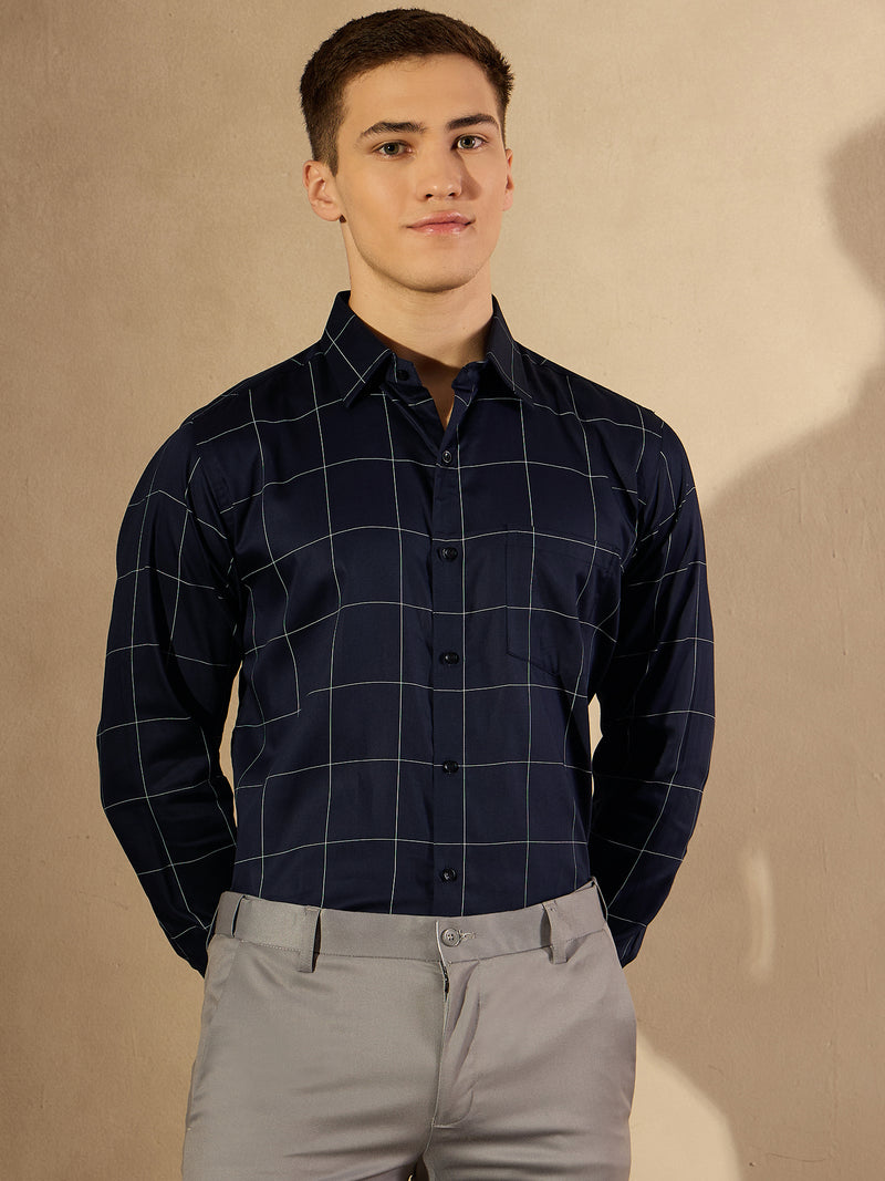 Navy Blue and White: Full Sleeves Checked Formal Shirt