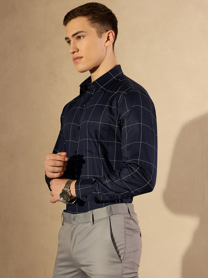 Navy Blue and White: Full Sleeves Checked Formal Shirt