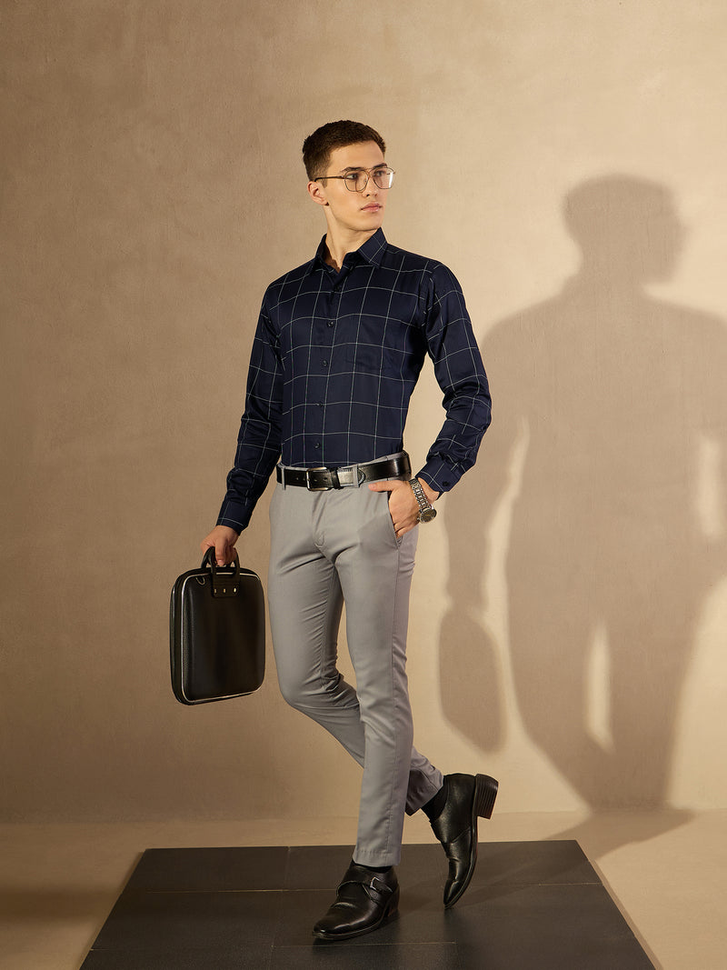Navy Blue and White: Full Sleeves Checked Formal Shirt
