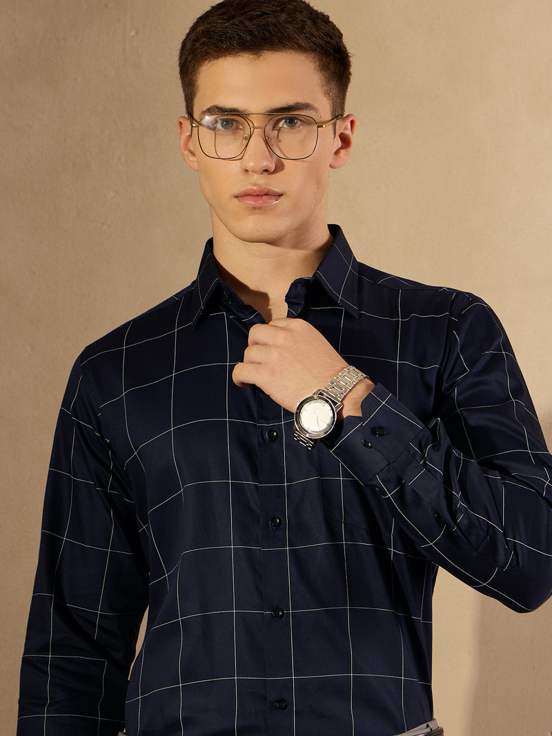 Navy Blue and White: Full Sleeves Checked Formal Shirt