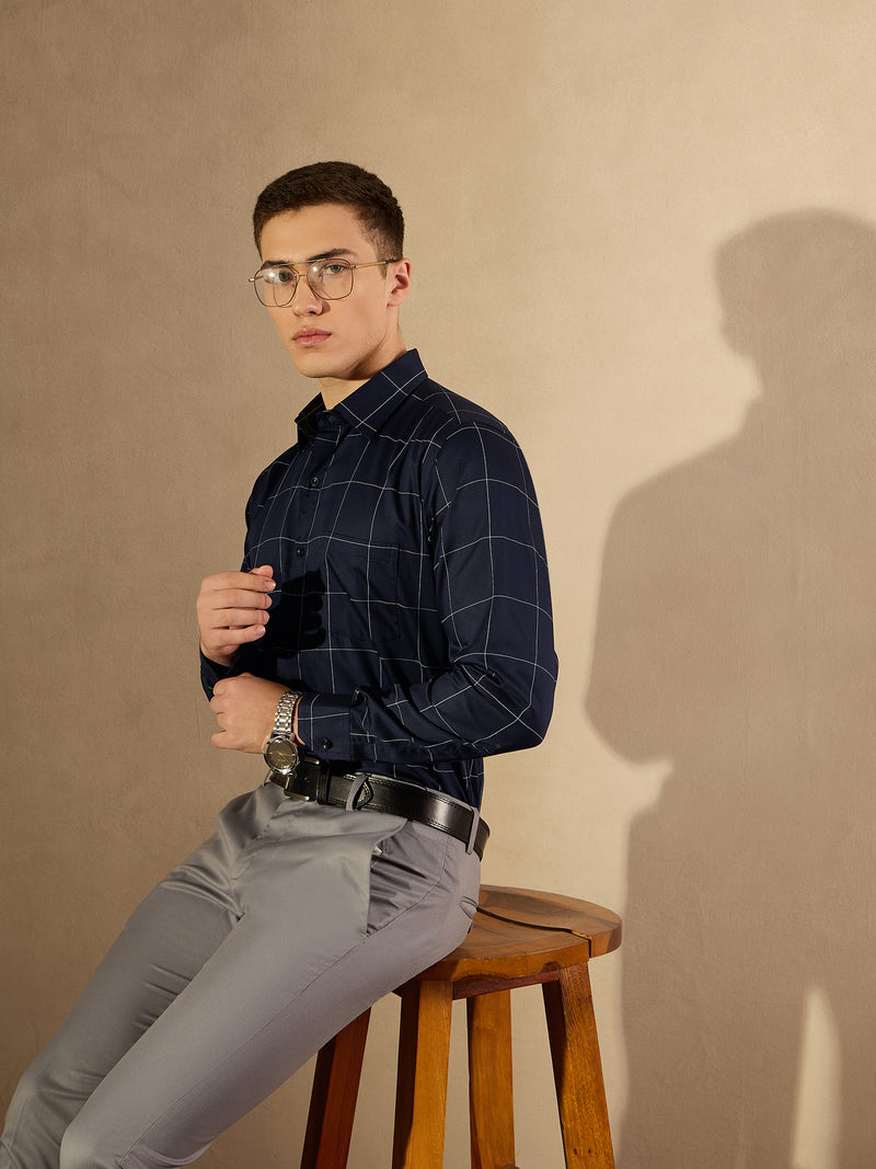 Navy Blue and White: Full Sleeves Checked Formal Shirt