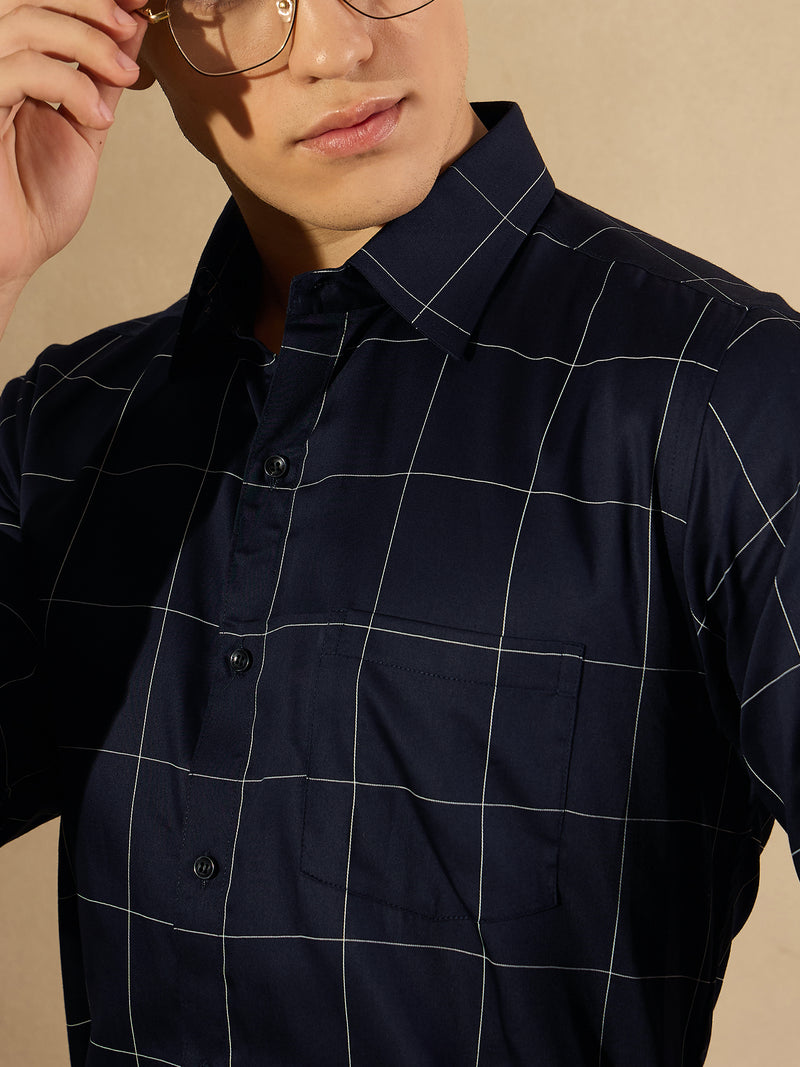 Navy Blue and White: Full Sleeves Checked Formal Shirt
