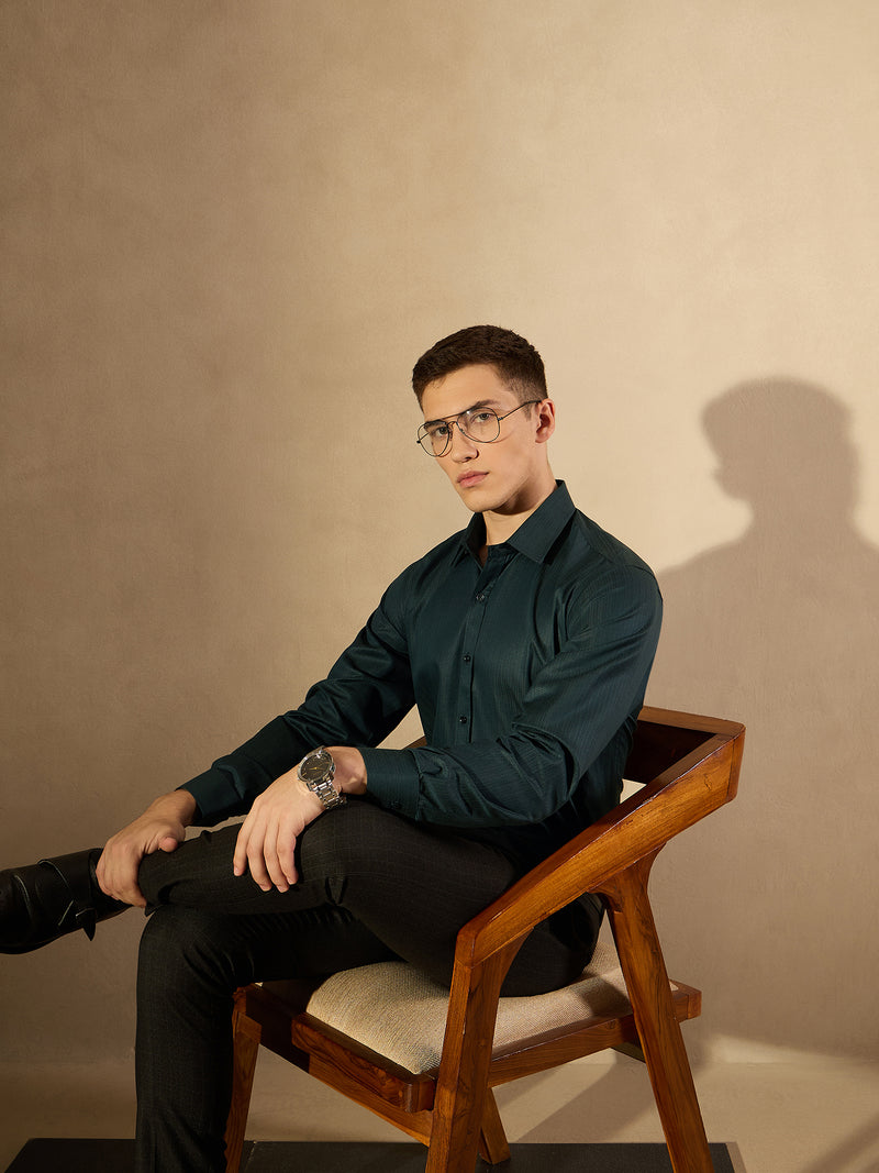 Green: Self Design Textured Party Shirt