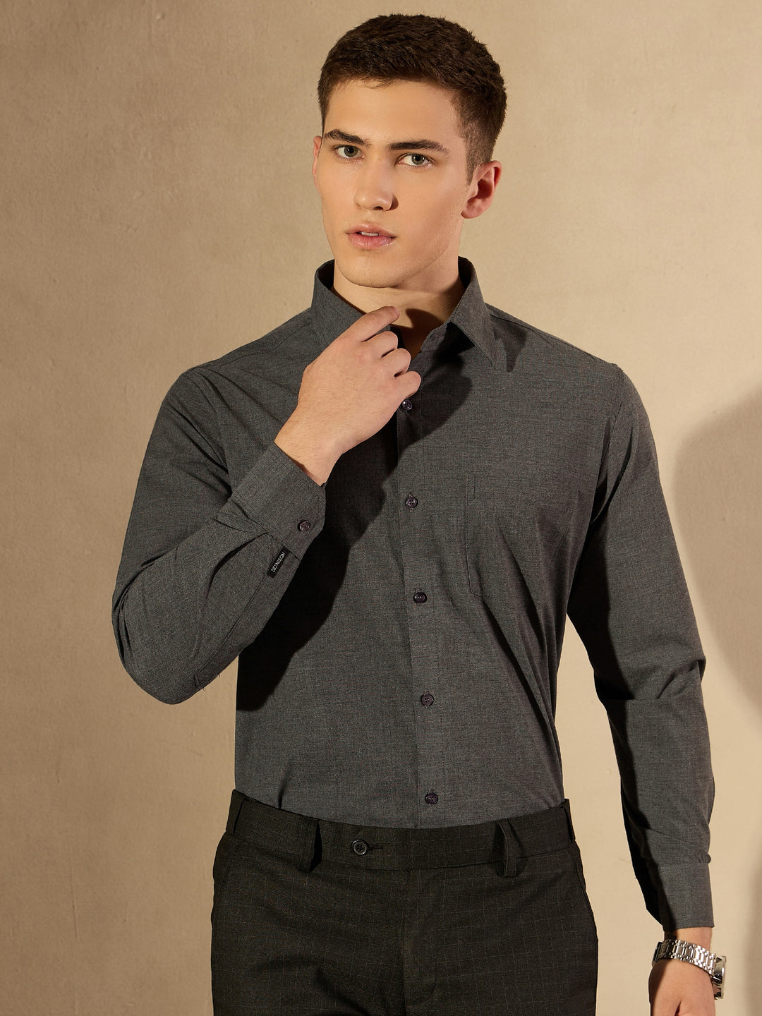 Grey Lycra Spread Collar Formal Shirt