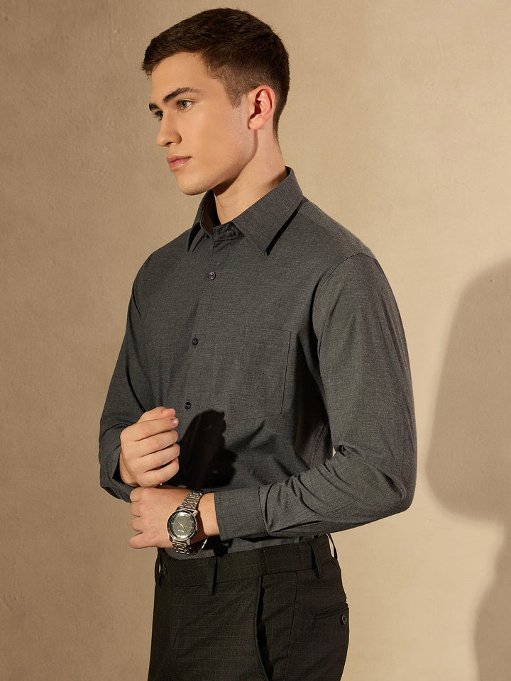 Grey Lycra Spread Collar Formal Shirt