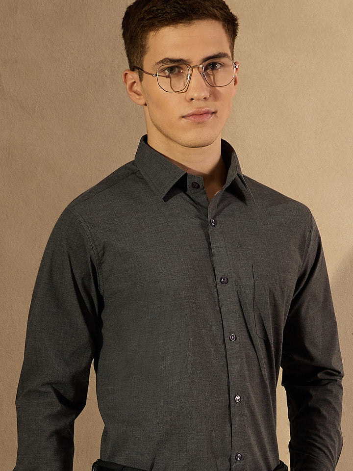 Grey Lycra Spread Collar Formal Shirt