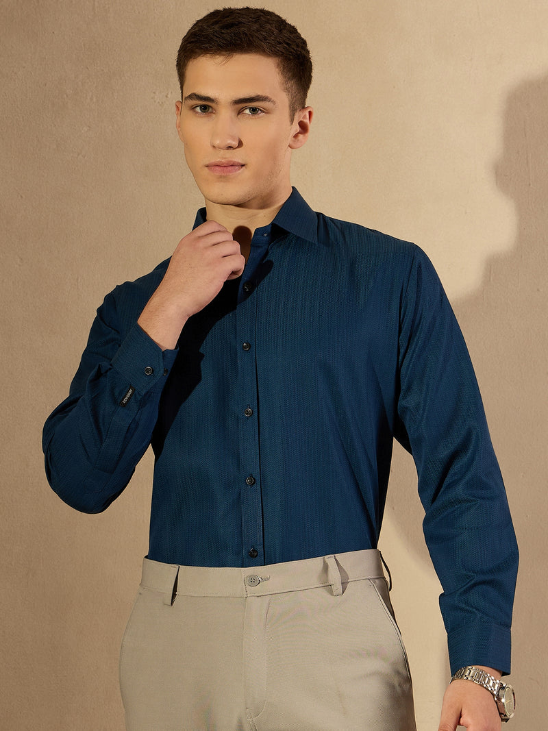 Blue: Self Design Textured Party Shirt