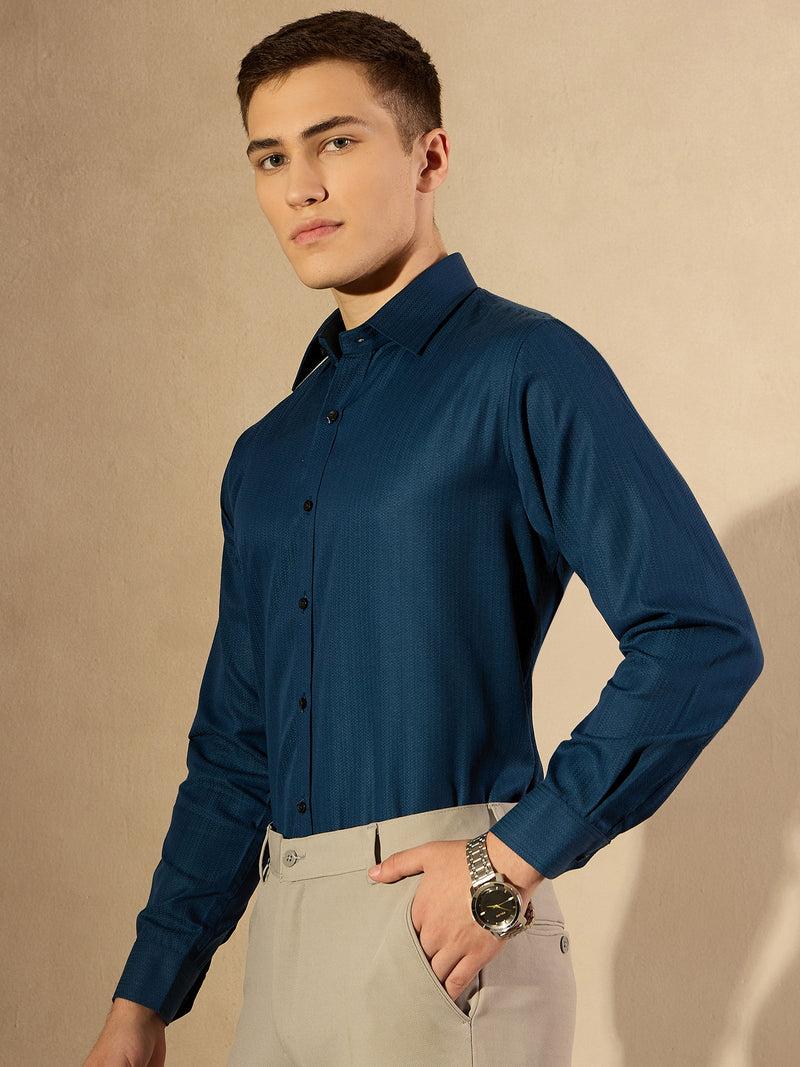 Blue: Self Design Textured Party Shirt