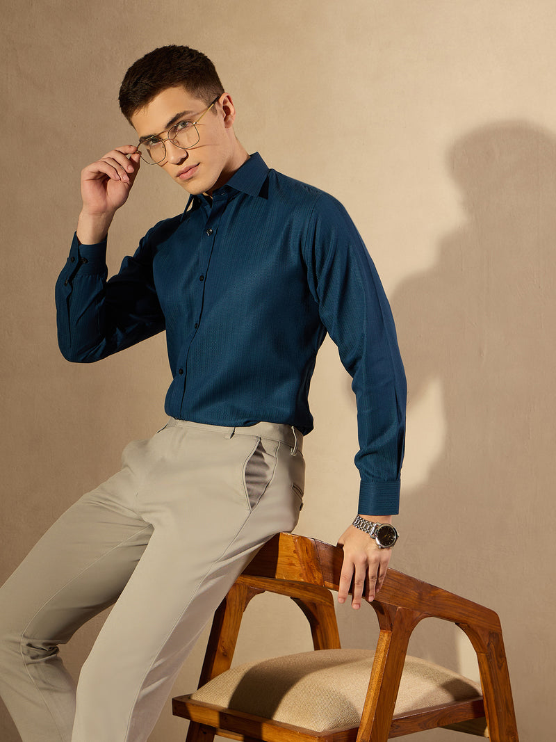 Blue: Self Design Textured Party Shirt