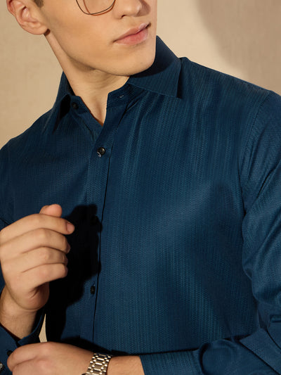 Blue: Self Design Textured Party Shirt