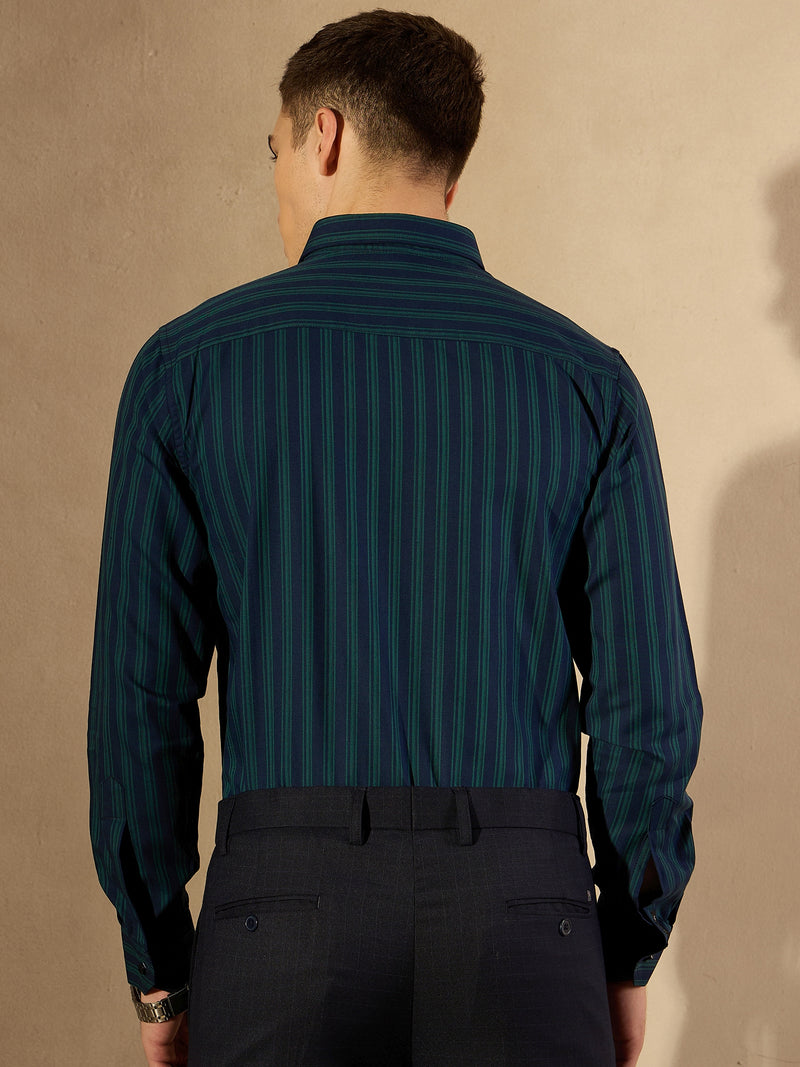 Blue and Green: Full Sleeves Regular Fit Formal Striped Shirt