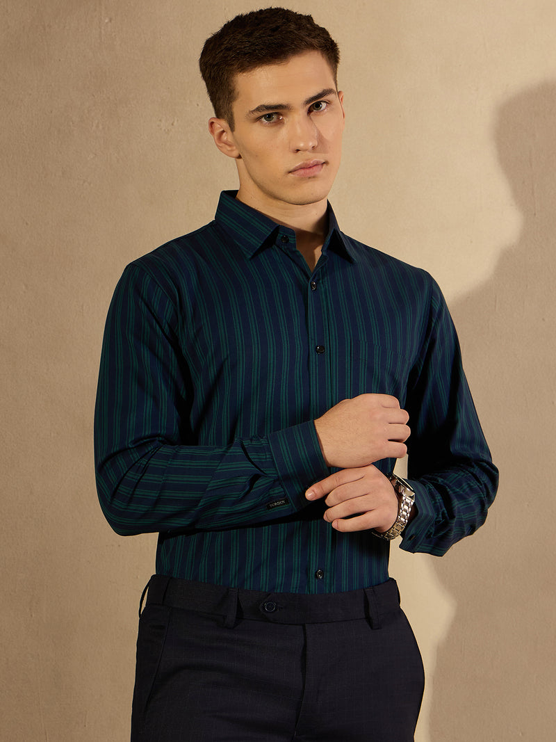 Blue and Green: Full Sleeves Regular Fit Formal Striped Shirt
