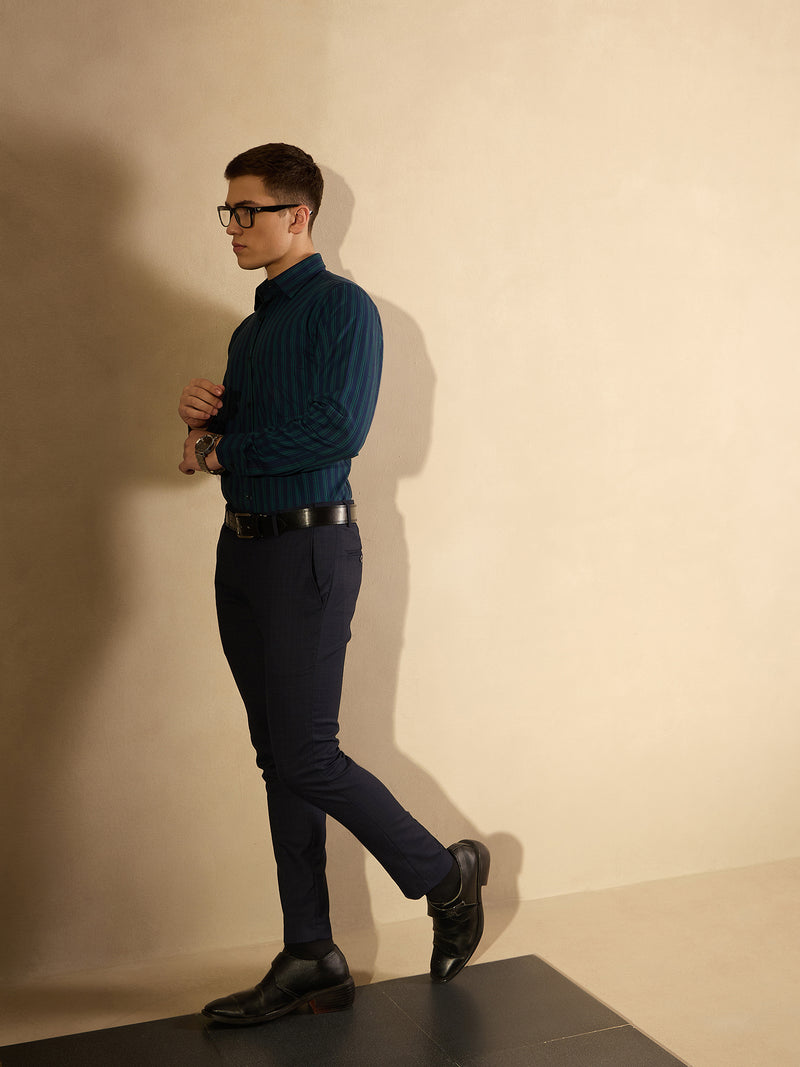 Blue and Green: Full Sleeves Regular Fit Formal Striped Shirt