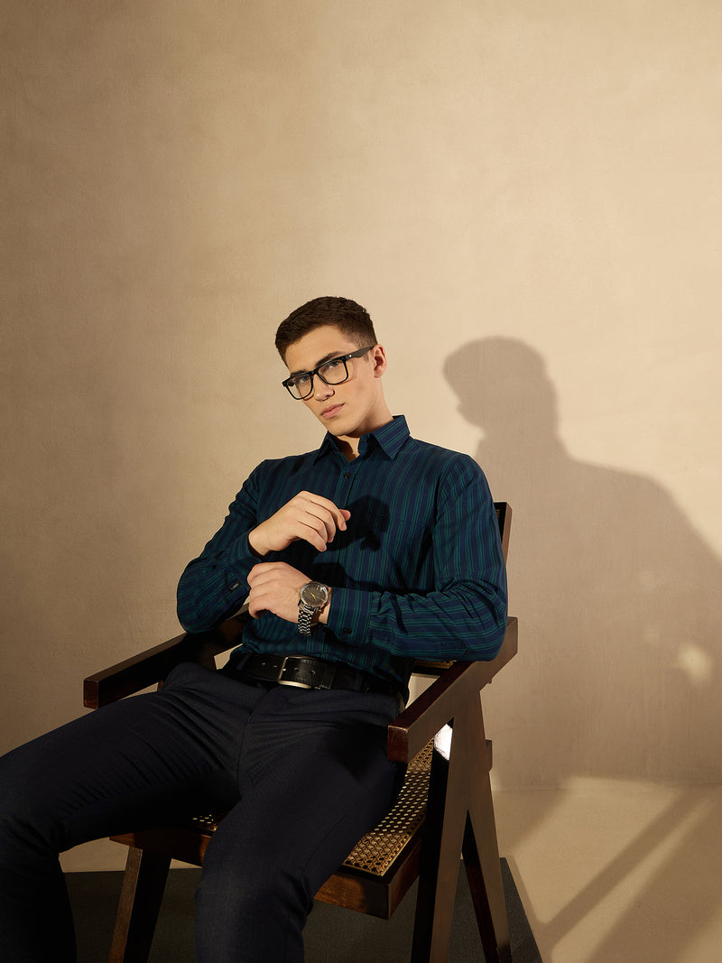 Blue and Green: Full Sleeves Regular Fit Formal Striped Shirt