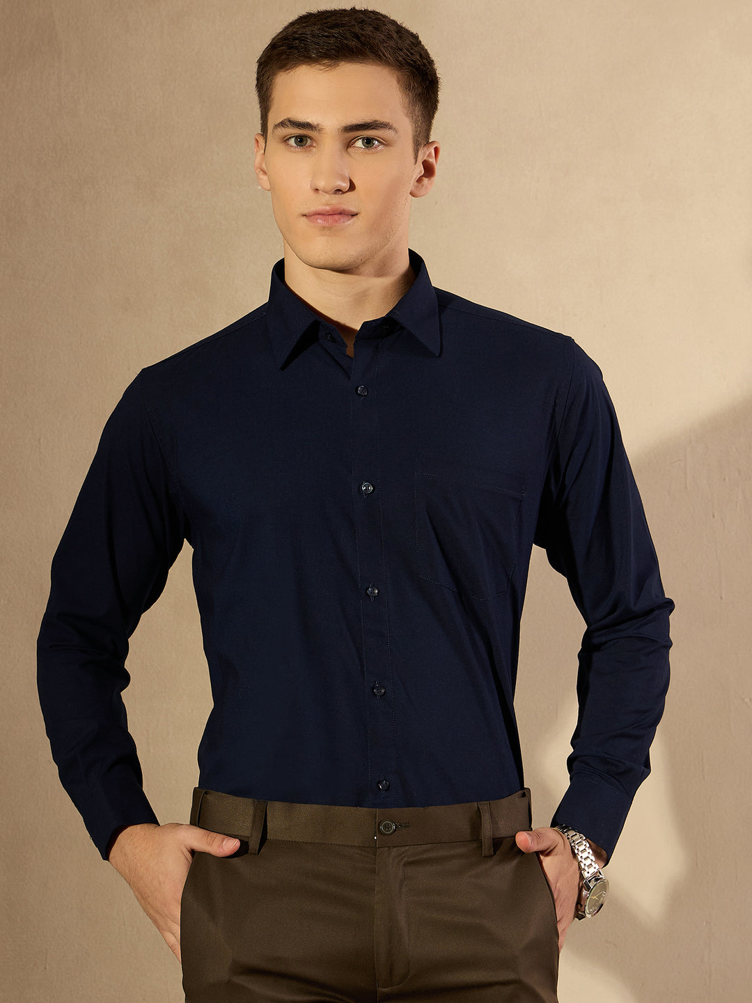 Navy Blue Solid Full Sleeves Formal Shirt