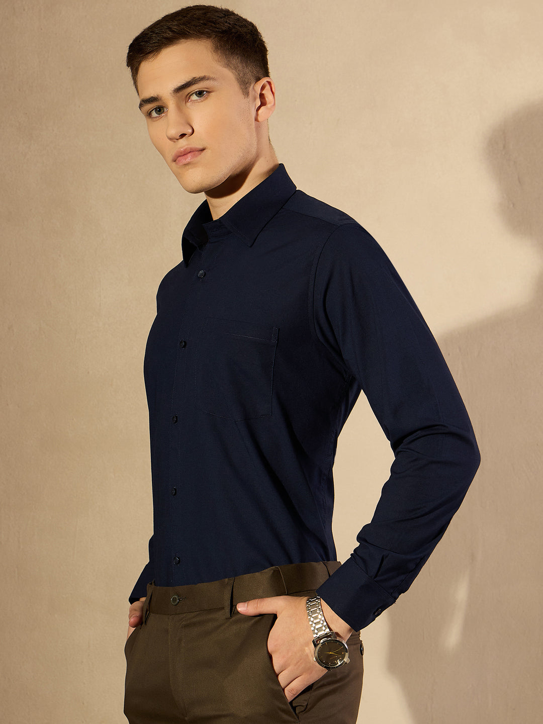 Navy Blue Solid Full Sleeves Formal Shirt