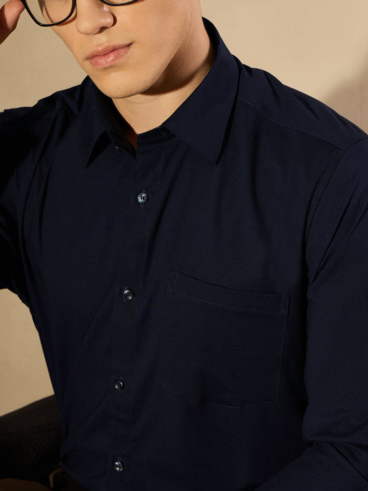 Navy Blue Solid Full Sleeves Formal Shirt