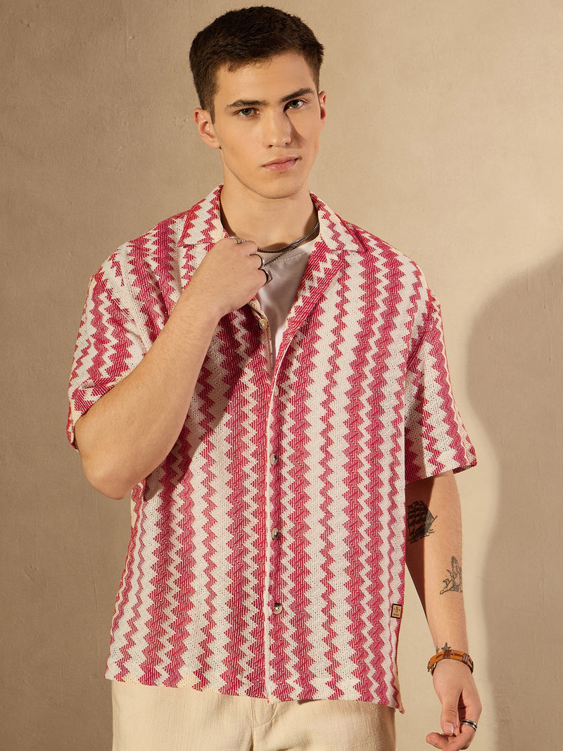 Cream and Red: Half Sleeves Crochet Zig Zag Stripes Shirt