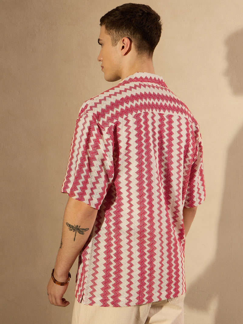 Cream and Red: Half Sleeves Crochet Zig Zag Stripes Shirt