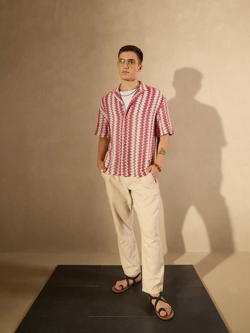 Cream and Red: Half Sleeves Crochet Zig Zag Stripes Shirt