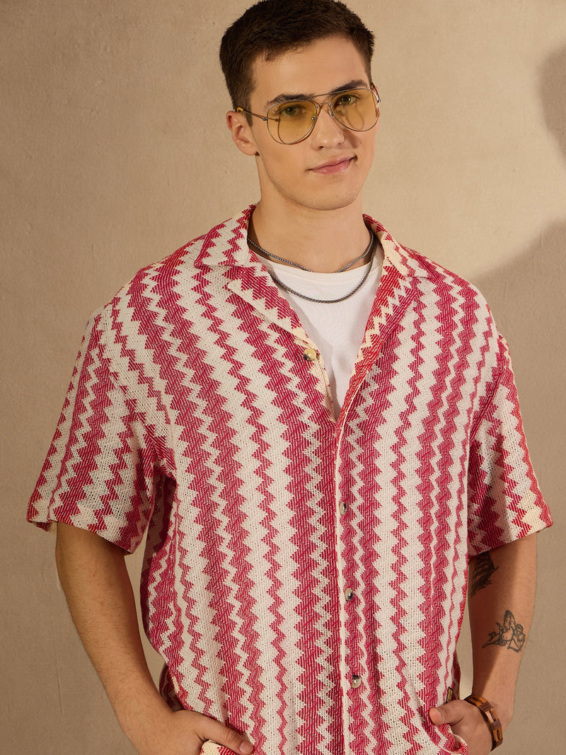 Cream and Red: Half Sleeves Crochet Zig Zag Stripes Shirt