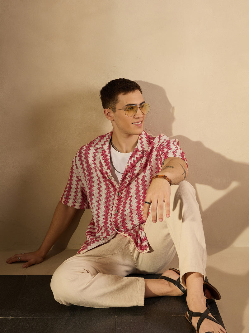 Cream and Red: Half Sleeves Crochet Zig Zag Stripes Shirt