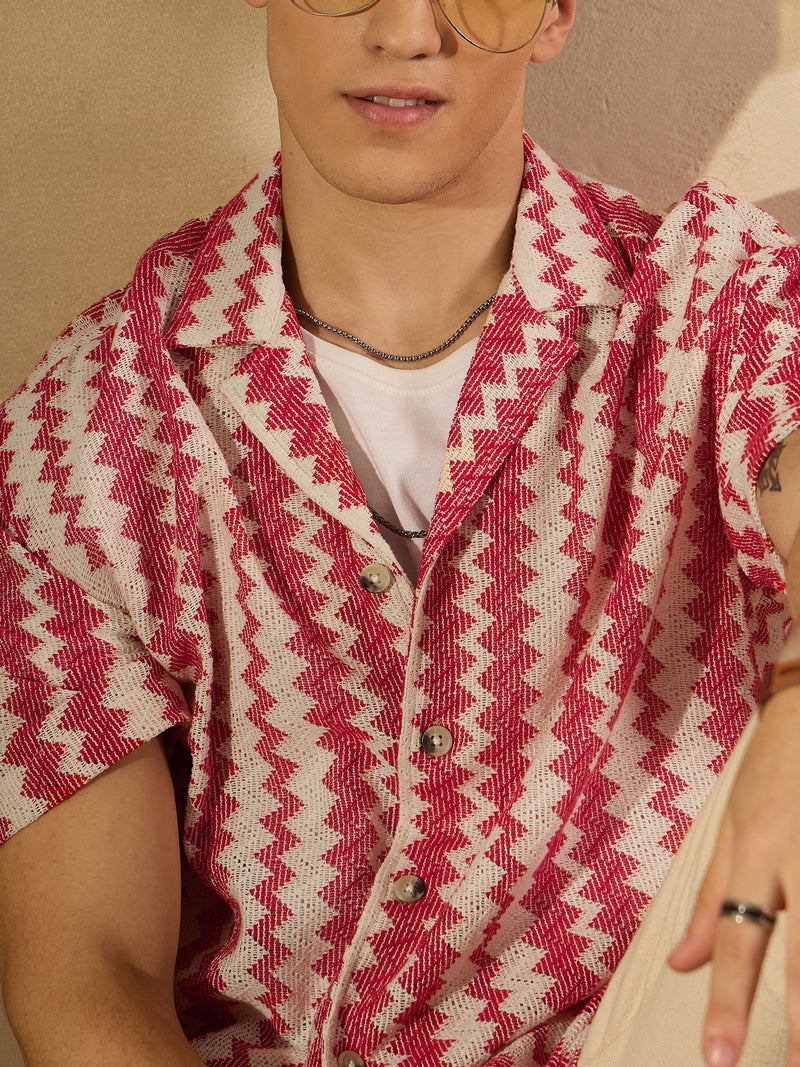 Cream and Red: Half Sleeves Crochet Zig Zag Stripes Shirt