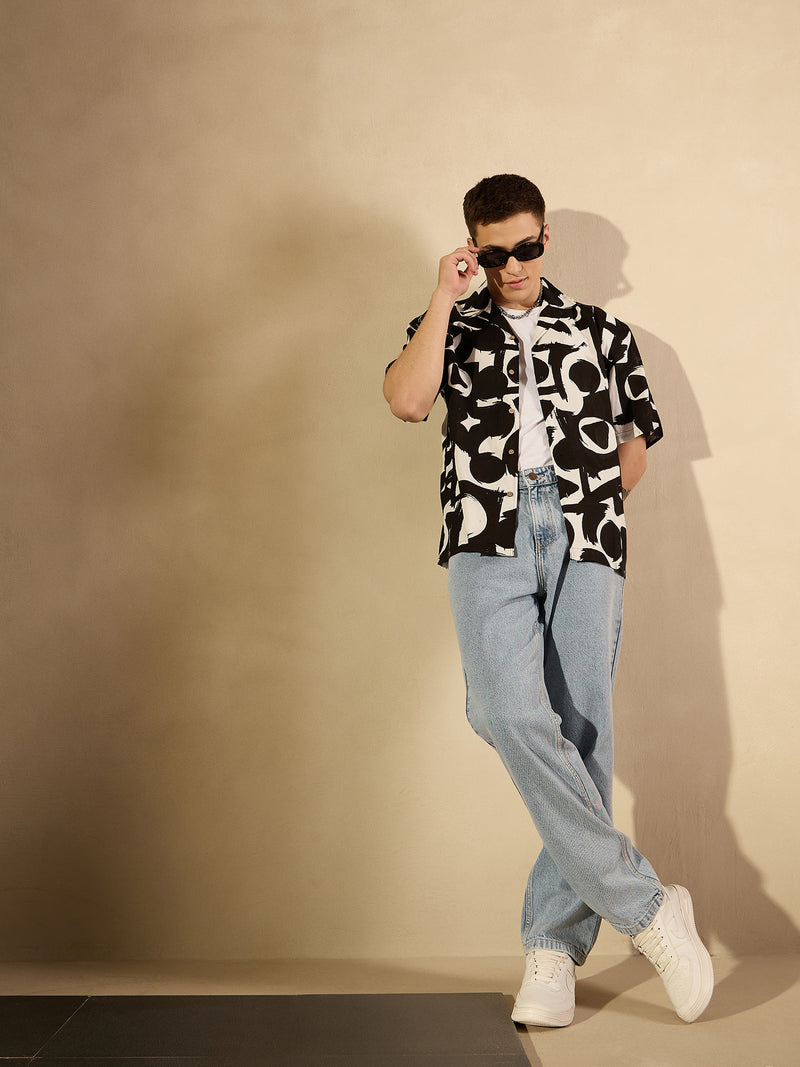 Black& white: Half Sleeves Printed Oversized Casual Shirt
