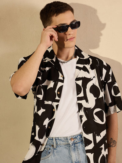Black& white: Half Sleeves Printed Oversized Casual Shirt