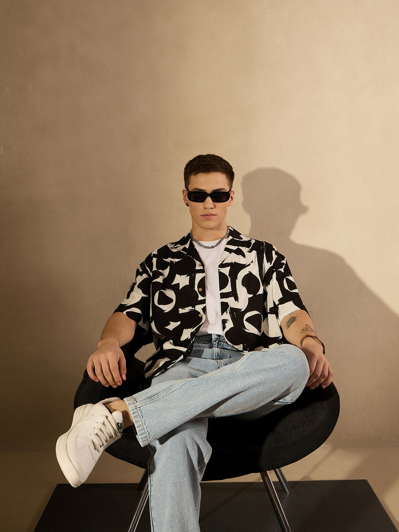 Black& white: Half Sleeves Printed Oversized Casual Shirt