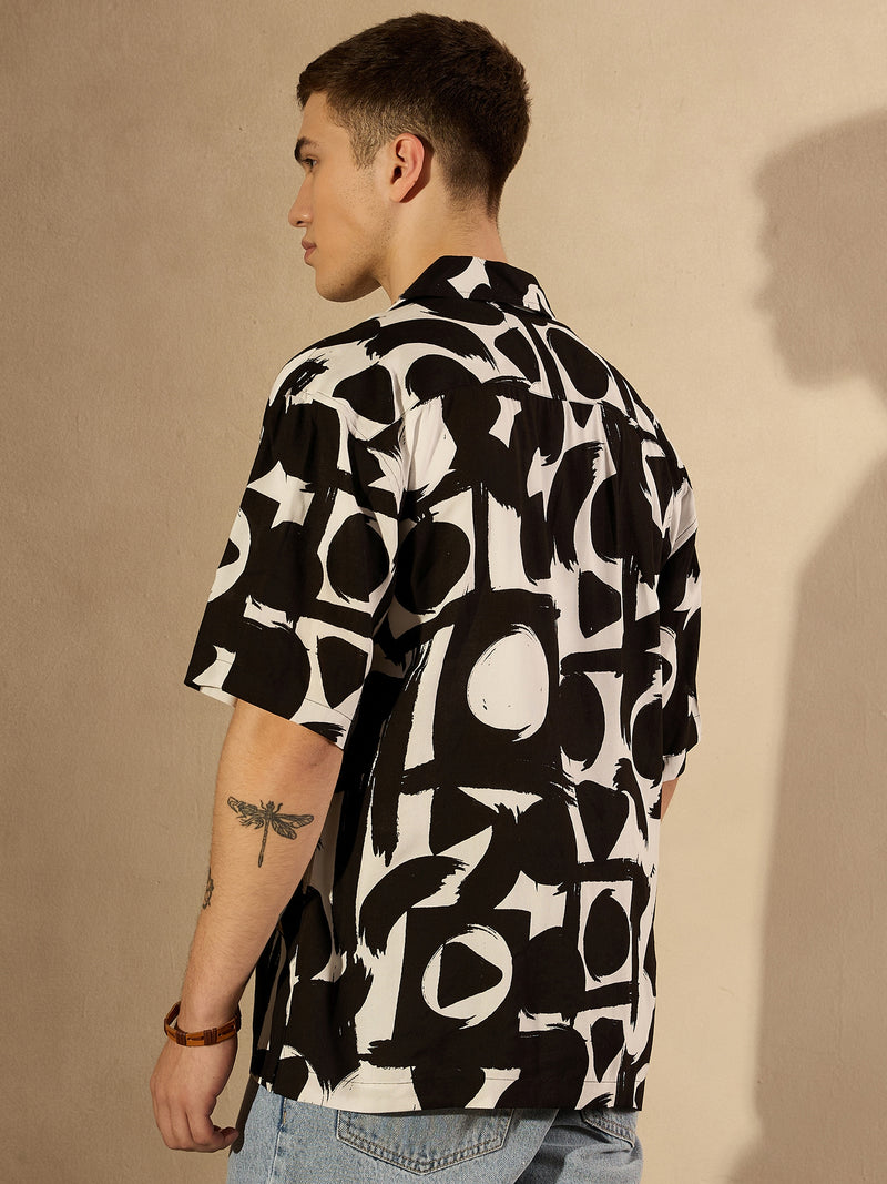 Black& white: Half Sleeves Printed Oversized Casual Shirt