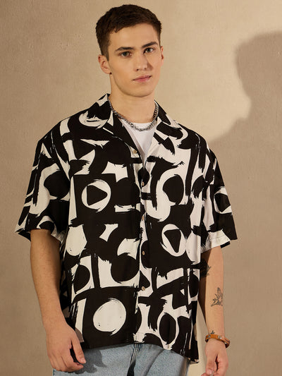 Black& white: Half Sleeves Printed Oversized Casual Shirt