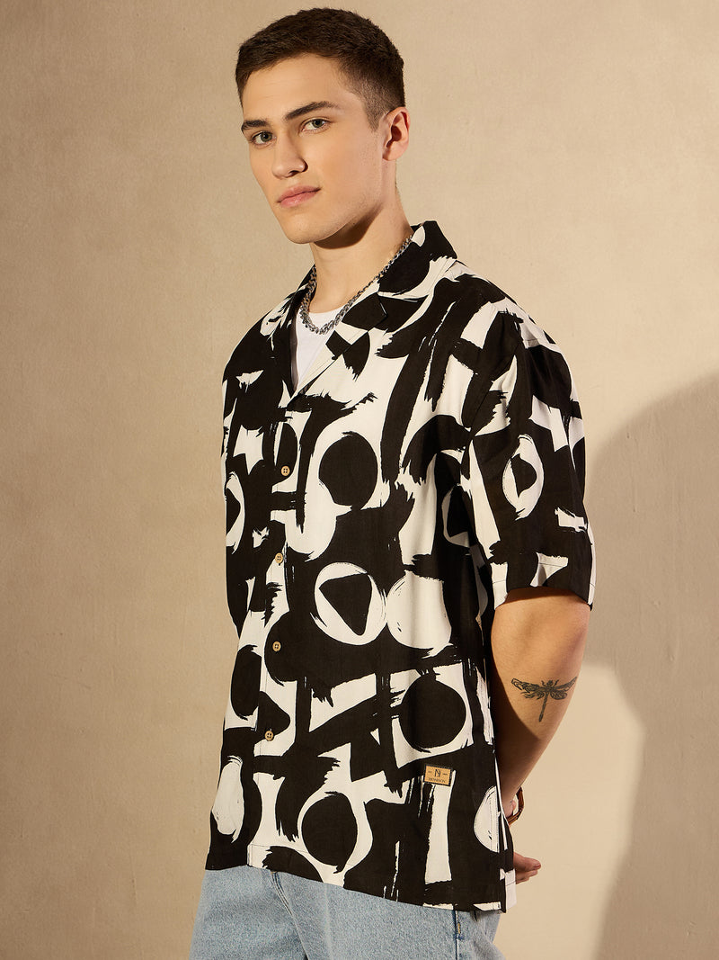 Black& white: Half Sleeves Printed Oversized Casual Shirt